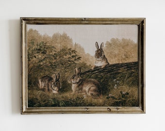 Vintage Rabbits Painting, Dark Vintage Printable Wall Art, Rabbits Forest Print, Dark Academia Decor, Woodland Wildlife