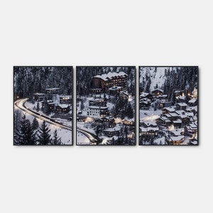 Winter Gallery Wall Art Set Of 3, Modern Winter Forest Poster, Christmas Village Prints Set, Snow Landscape Printable