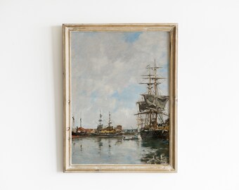 Väggkonst med vintage nautiskt fartyg, utskrivbart vintagefartyg, målning med dämpad nautisk havslandskap, antikt strandtryck