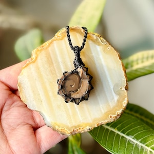 Handmade Ammonite Fossil Macrame Pendant: Bohemian Gemstone Jewelry