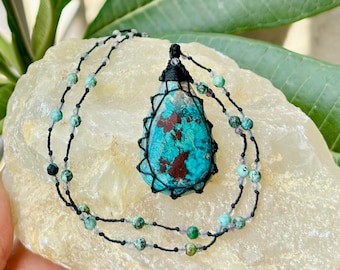 Shattuckite Checkered Cut Micro Macrame Beaded Necklace, Shattuckite Macrame Jewelry, Bohemian Crystal Jewelry, Gemstone Beaded Necklaces
