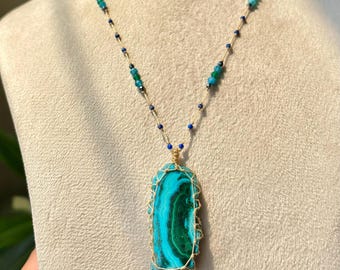 Natural Malachite Chrysocolla Crystal Micro Macrame Beaded Necklace, Gemstone Beaded Necklaces, Gifts For Her