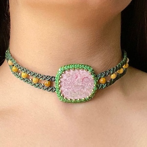 Rhodochrosite Macrame Choker Necklace, Rhodochrosite Macrame Jewelry, Macrame Collar Neck Jewelry, Bohemian Jewelry, Gemstone Choker