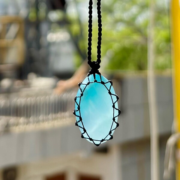 Deep Blue Larimar Micro Macrame Pendant Necklace: Adjustable Gemstone Jewelry