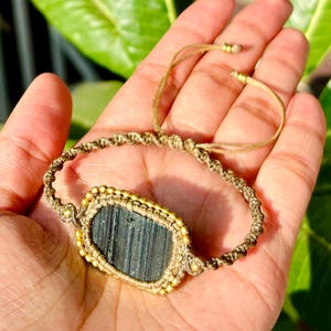 Natural Raw Black Tourmaline W/ Brass Beaded Micro Macrame Crystal Bracelet, Unisex Adjustable Gemstone Bracelets, Christmas Gifts