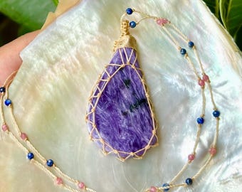 Natural Charoite Cabochon Beaded Micro Macrame Necklace, Charoite Macrame Jewelry, Gemstone Necklaces, Macrame Crystal Jewelry