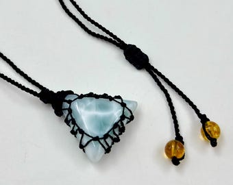 Natural Larimar Micro Macrame Crystal Pendant Necklace, Adjustable gemstone Pendants, Unisex Crystal Jewelry