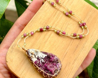 Natural Cobalto Calcite Druzy Micro Macrame Beaded Necklace, Cobalto Calcite Macrame Jewelry, Gemstone Necklaces, Macrame Crystal Jewelry