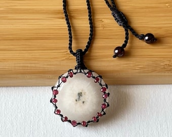 Solar Quartz Rhodolite Garnet Macrame Pendant Necklace - Bohemian Jewelry