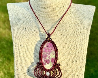 Natural Morocco Cobalto Calcite Macrame Pendant Necklace, Cobalto Calcite Macrame Jewelry, Gemstone Pendants, Unisex Macrame Crystal Jewelry