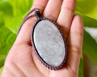 Silver Sheen Obsidian Macrame Pendant Necklace, Silver Sheen Obsidian Macrame Jewelry, Unisex Macrame Crystal Jewelry, Gemstone Pendants