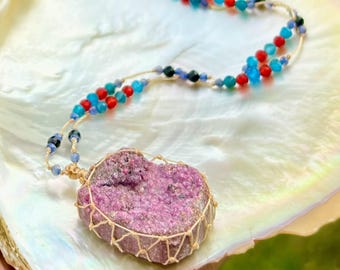 Natural Cobalto Calcite Druzy Micro Macrame Beaded Necklace, Cobalto Calcite Macrame Jewelry, Gemstone Necklaces, Macrame Crystal Jewelry