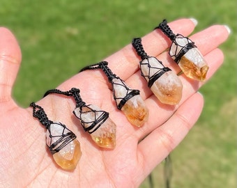 Natural Raw Citrine Crystal Macrame Pendant Necklace, Raw Citrine Macrame Jewelry, Raw Crystal Macrame Pendants, Gemstone Bohemian Jewelry