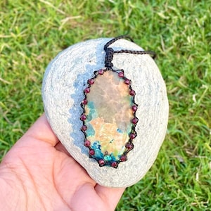Chrysocolla Beaded Macrame Pendant Necklace, Chrysocolla Beaded Macrame Jewelry, Unisex Macrame Gemstone Jewelry, Bohemian Crystal Jewelry