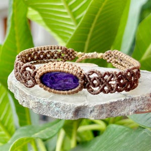 Natural Charoite Micro Macrame Adjustable Crystal Bracelet, Unisex Macrame Gemstone Bracelets