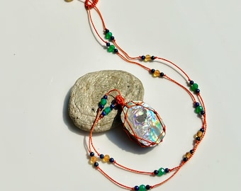 Natural Abalone Shell Micro Macrame Beaded Necklace, Abalone Shell Macrame Jewelry,Gemstone Beaded Necklace,Macrame Crystal Bohemian Jewelry