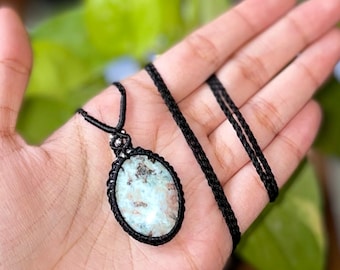 Larimar Macrame Pendant Necklace, Dominican Larimar Macrame Jewelry, Unisex Macrame Crystal Jewelry, Bohemian Jewelry, Gemstone Pendants