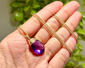 Woven Violet Magic : Amethyst Checkered Briolette Cut Adjustable Crystal Pendant, Micro Macrame Gemstone Jewelry