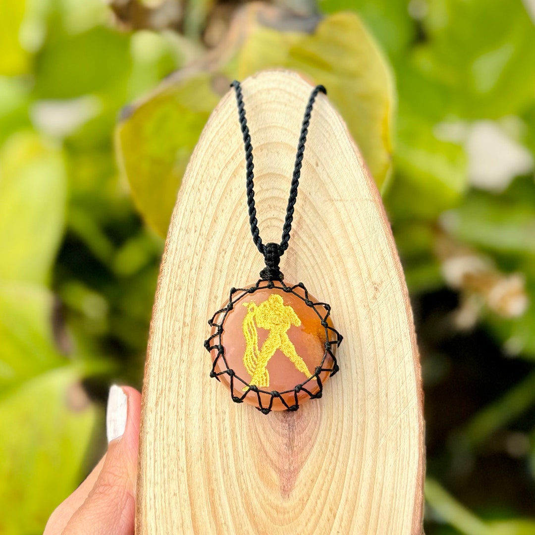 Hand Carved & Painted Aquarius Symbol on Onyx Macrame Pendant Necklace