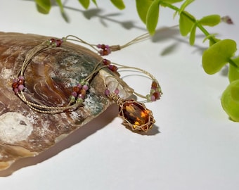 Golden Lantern Citrine Faceted Cut Crystal Necklace, Micro Macrame Beaded Jewelry, Minimal Luxury Talisman