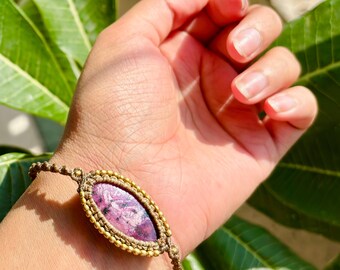 Natural Flashy Ruby W/ Brass Beaded Micro Macrame Crystal Bracelet, Unisex Adjustable Gemstone Bracelet, Christmas Gifts