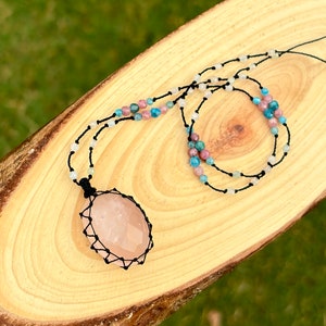 Rose Quartz Checkered Cut Micro Macrame Beaded Necklace, Rose Quartz Macrame Jewelry, Bohemian Macrame Crystal Jewelry, Gemstone Necklaces