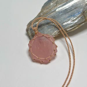 Natural Soft Pink Rose Quartz Faceted Hexagon Micro Macrame Adjustable Pendant Necklace