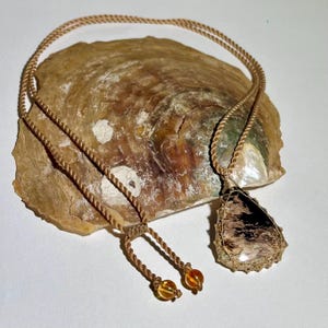 May include: A teardrop-shaped pendant featuring a dark, marbled stone encased in a gold-toned wire wrap. The pendant hangs from a tan braided cord that includes two small, round, amber-colored beads at the adjustable ends of the necklace.