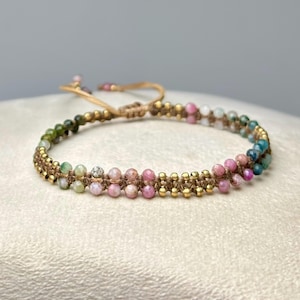 Natural Faceted Cut Watermelon Tourmaline W/ Brass Beaded Micro Macrame Crystal Bracelet, Adjustable Gemstone Bracelets, Unisex Jewelry