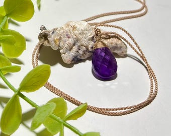 Enchanted Purple Drop: Briolette Cut Amethyst Crystal Pendant Necklace, Micro Macrame Adjustable Gemstone Bohemian Jewelry