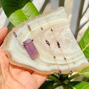 Amethyst Faceted Cut Micro Macrame Beaded Necklace, Amethyst Macrame Jewelry, Macrame Bohemian Crystal Jewelry, Gemstone Beaded Necklaces