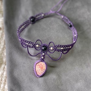 Rhodochrosite Macrame Choker Necklace, Rhodochrosite Macrame Jewelry, Macrame Collar Neck Jewelry, Bohemian Jewelry, Gemstone Choker
