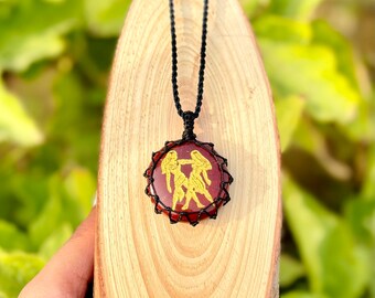 Hand Carved & Painted Gemini Zodiac Symbol on Red Jasper Macrame Pendant , Jasper Macrame Jewelry, Zodiac Symbol Jewelry, Horoscope Necklace