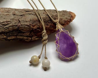 Natural Amethyst Teardrop Crystal Micro Macrame Pendant Necklace- Bohemian Gemstone Unisex Jewelry