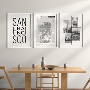 San Francisco Wandkunst, Set aus drei Stadtdrucken, San Francisco Dekor für Büro, Schlafzimmer, Wohnzimmer, Stadtplan Kunst, DIGITALER DOWNLOAD.