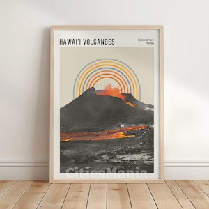 Vulcões DIGITAL do Havaí, impressão do Parque Nacional do Havaí, arte de parede moderna de meados do século para quarto, banheiro, sala de estar, impressão de lava de vulcão.