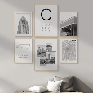 Art mural numérique Charlotte NC, lot de 6 impressions de la ville en noir et blanc, décoration carte de la ville de Charlotte pour bureau, chambre à coucher, salon.