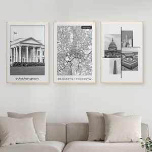 Washington DC-prints, 3-delige zwart-witte muurkunst, originele Washington-stadskaart muurkunst, witte huis print, digitale DOWNLOAD.