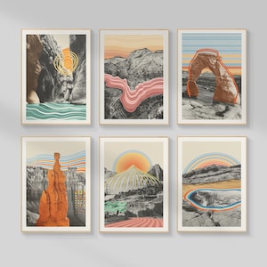 DIGITAL Utah Decor, Set Of 6 Modern, Mid-Century Prints For Bedroom, Bathroom, Living Room, Nature, Forest, Mountains, Stones Art.