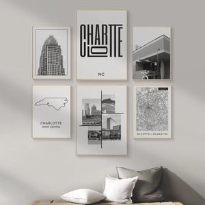Art mural numérique Charlotte NC, lot de 6 impressions de la ville en noir et blanc, décoration carte de la ville de Charlotte pour bureau, chambre à coucher, salon.
