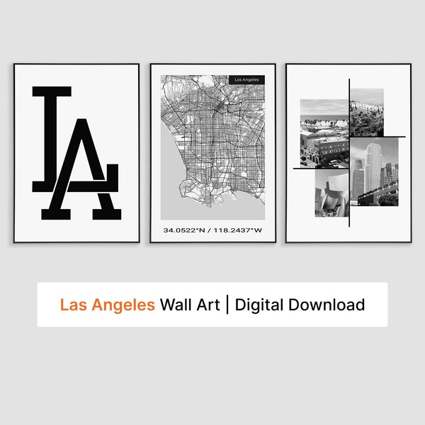 Los Angeles Wall Art, Set Of Three Prints, Los Angeles Map And Typography Print For Modern Wall Decor, California Art, DIGITAL DOWNLOAD.