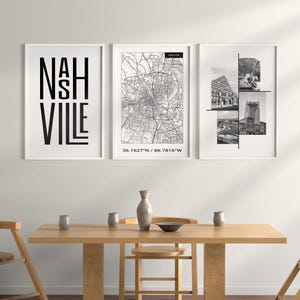 Arte de pared de Nashville, conjunto de tres impresiones de la ciudad, decoración moderna de Tennessee, arte de pared con mapa de la ciudad de Nashville, tipografía de Nashville, descarga digital.