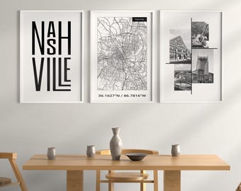 Nashville Wall Art, Set Of Three City Prints, Modern Tennessee Decor, Nashville City Map Wall Art, Nashville Typography, DIGITAL DOWNLOAD.