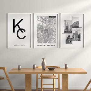 Arte de parede digital de Kansas City, conjunto de três impressões em preto e branco, decoração moderna de mapa da cidade, pôster com mapa e tipografia de Kansas City.
