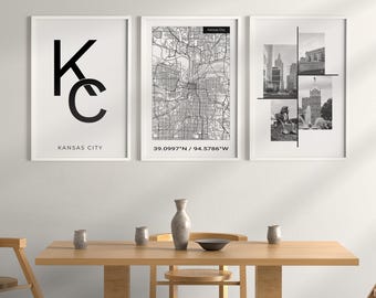Digital Kansas City Wall Art, Set Of Three Black And White Prints, Modern City Map Decor, Kansas City Map And Typography Poster.