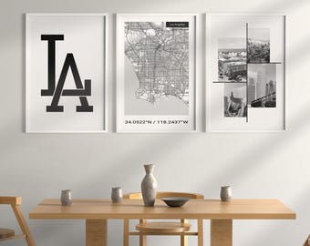 Los Angeles Wall Art, Set Of Three Prints, Los Angeles Map And Typography Print For Modern Wall Decor, California Art, DIGITAL DOWNLOAD.