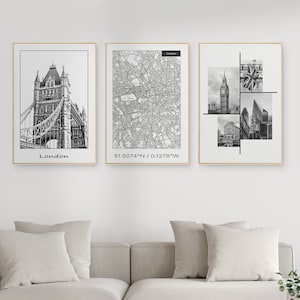 London Wall Art, Set of 3 Black And White Prints, Travel City Art Above the Bed, London Map and Sketch Art Prints, DIGITAL DOWNLOAD.