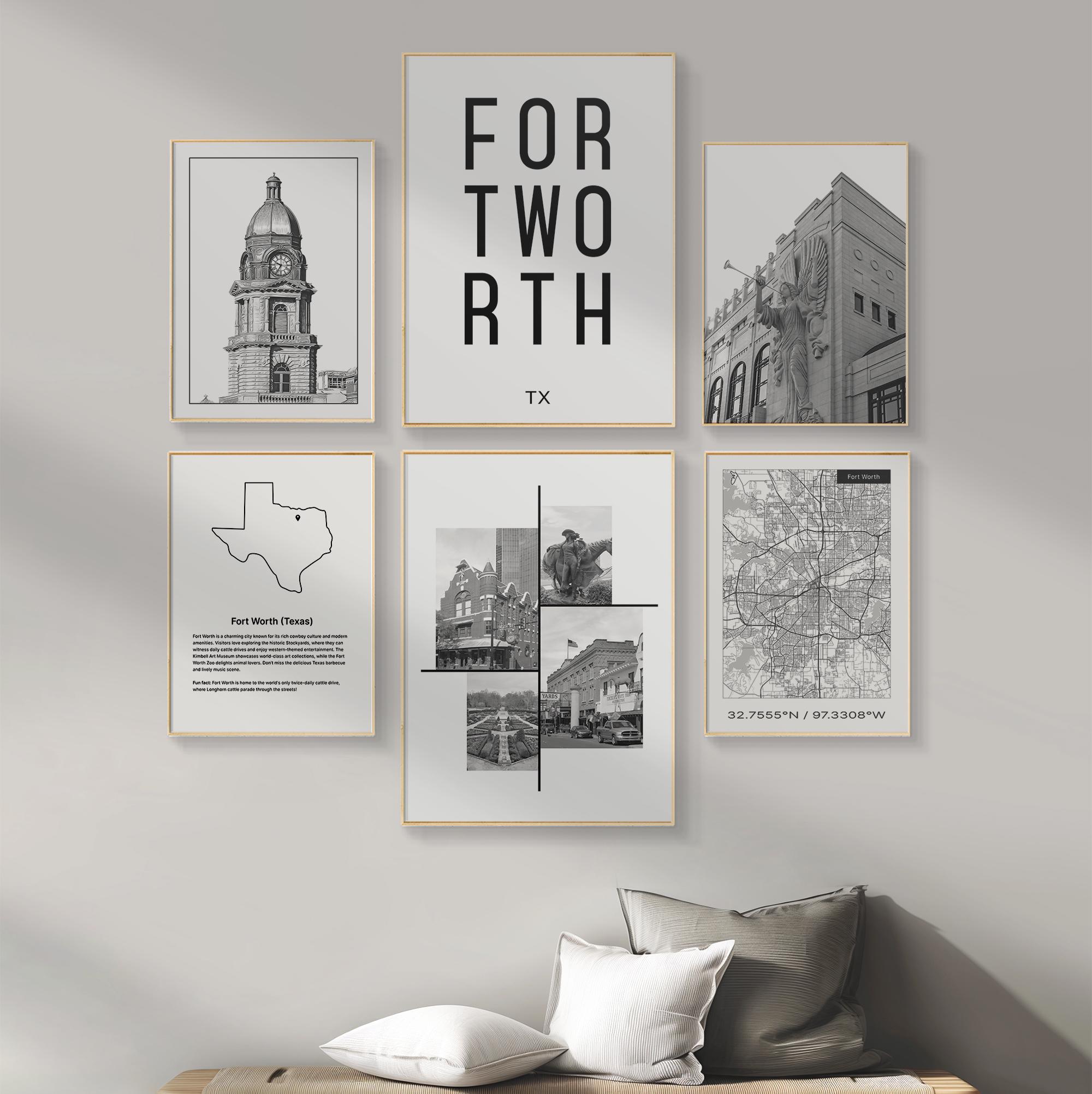 Fort Worth Texas Wall Art, Set Of 6 Black And White City Prints, Fort Worth City Map Wall Art, Original Texas Prints, DIGITAL DOWNLOAD.