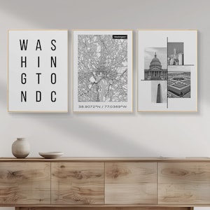 Washington DC Prints, 3-teilige Schwarzweiß-Wandkunst, Original Washington Map Wandkunst, Washington Typografie Kunst, DIGITAL DOWNLOAD.