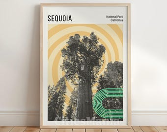 Op de afbeelding: Een poster in retro-stijl met een grafisch ontwerp van een gigantische sequoia-boom in Sequoia National Park, Californië. De poster heeft een geel en groen kleurenschema met een cirkelvormig patroon achter de boom.